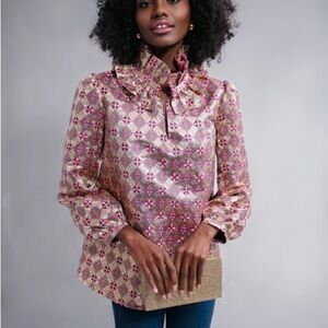 NWT Tuckernuck Bouvier Pink and White Ruffled Blouse with Bib Collar